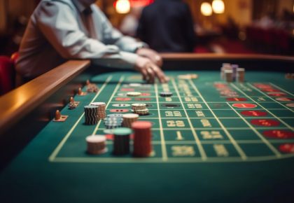 Casino roulette table with playing chips on focus and a man placing his bet in the background